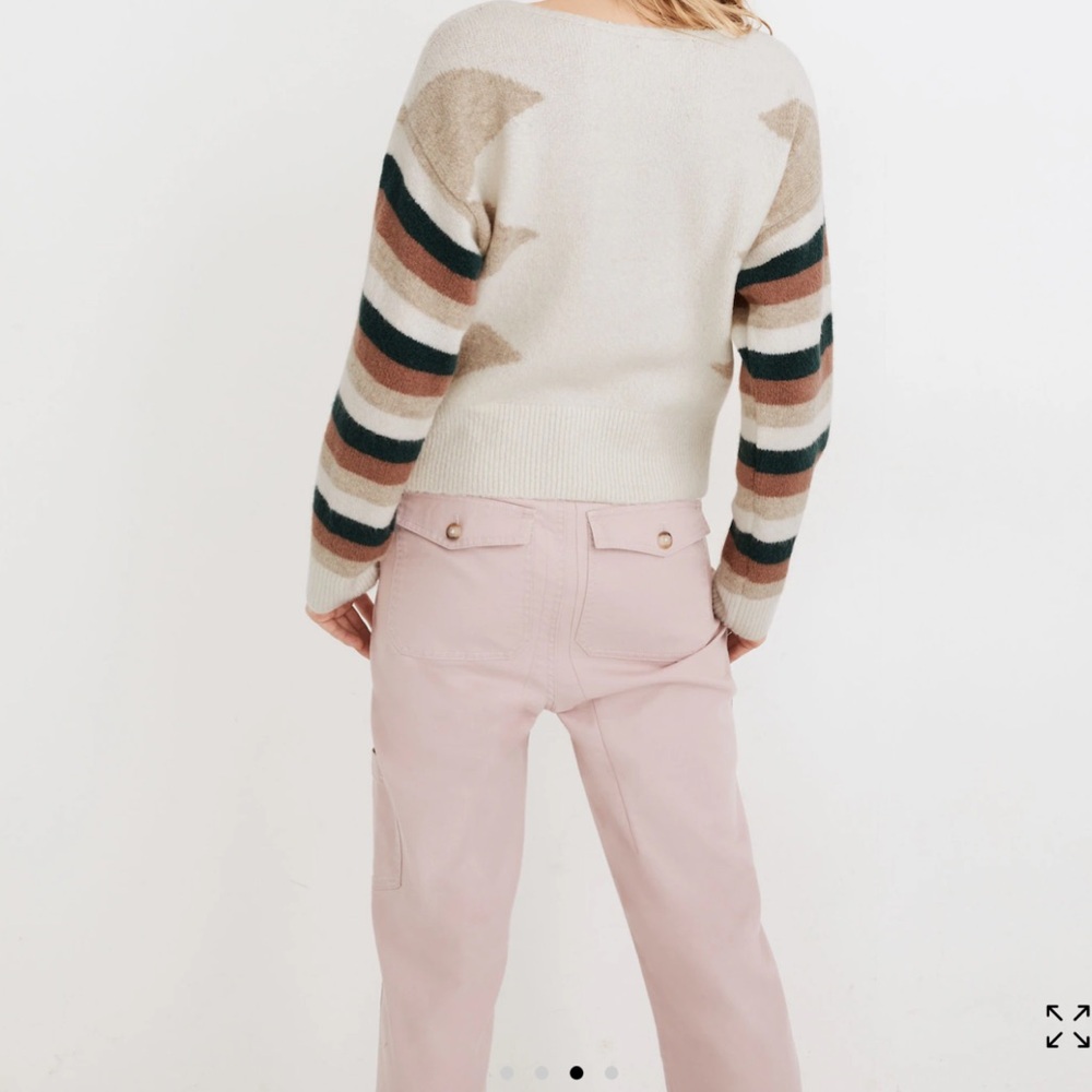 Madewell Stripe Sleeve Geo Pullover Cream Brown Green Boat Neck Sweater Size XXS - Picture 3 of 10